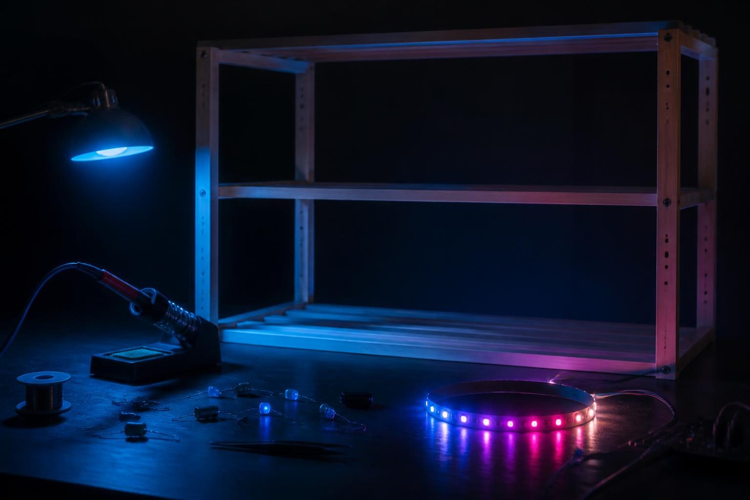Werkbank mit verstreuten Elektronikbauteilen, einem heißen Lötkolben und einem provisorischen LED-Streifen, der an einem unbehandelten Holzregalrahmen leuchtet.