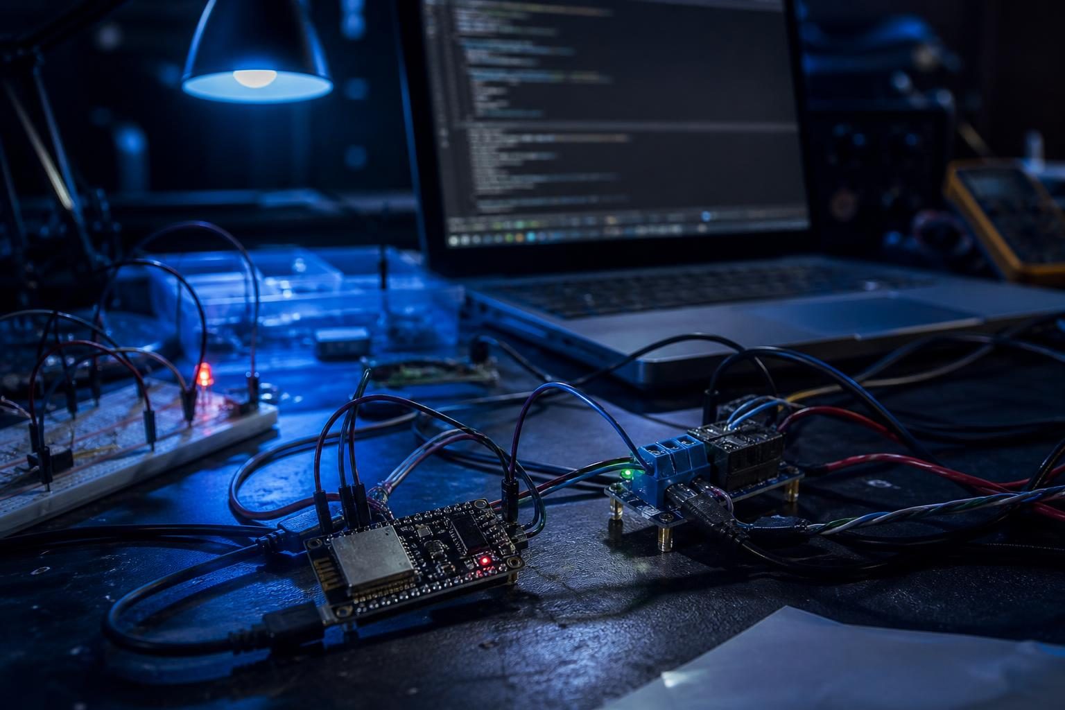Nahaufnahme einer Elektronikwerkbank mit einem ESP32-Mikrocontroller an einem CAN-Bus-Modul, umgeben von Kabeln und einem Laptop im Hintergrund.