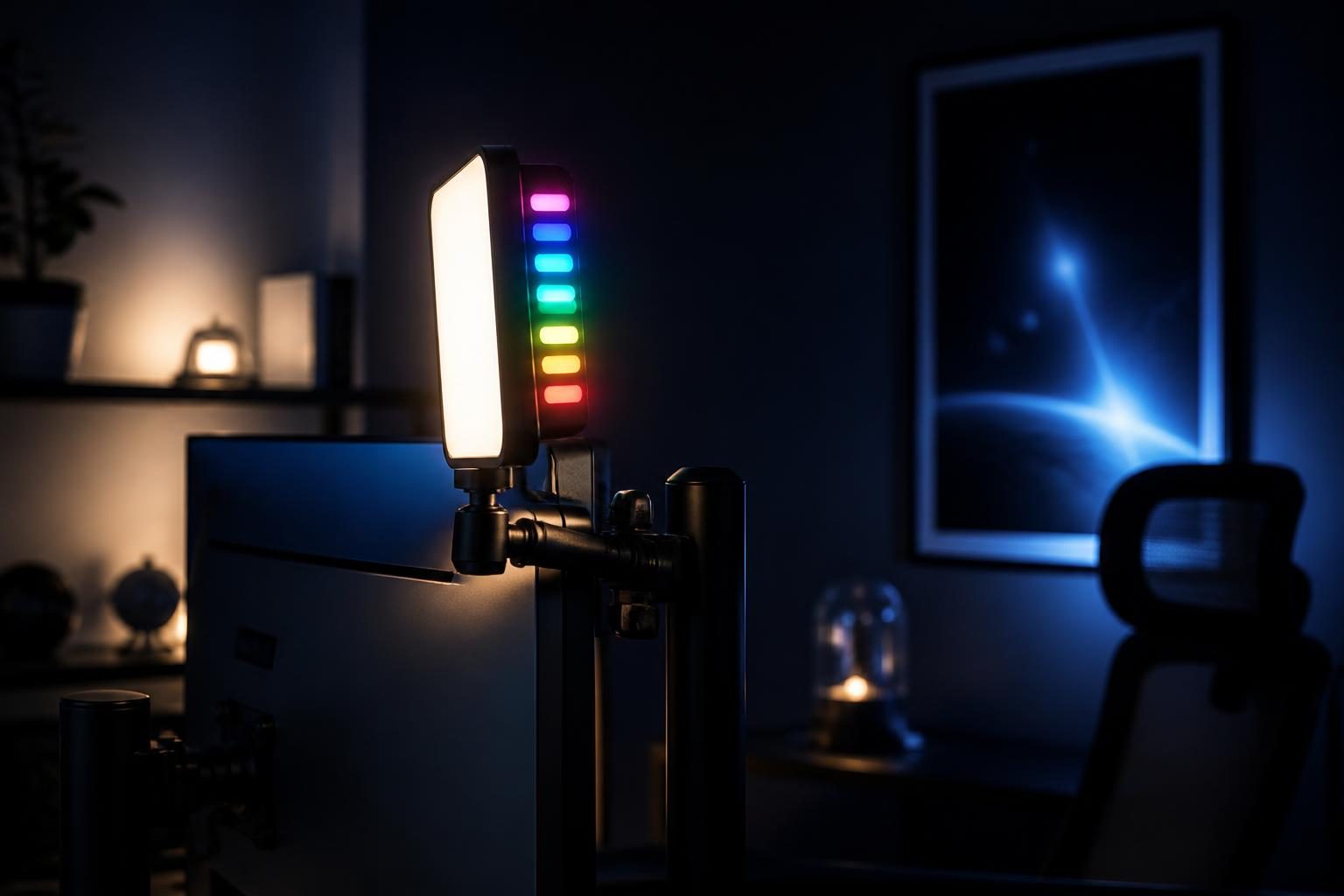 Ein moderner Schreibtisch mit einer Litra Beam LX Lampe, vorne warmweißes Licht, hinten siebenfarbige RGB-Beleuchtung.