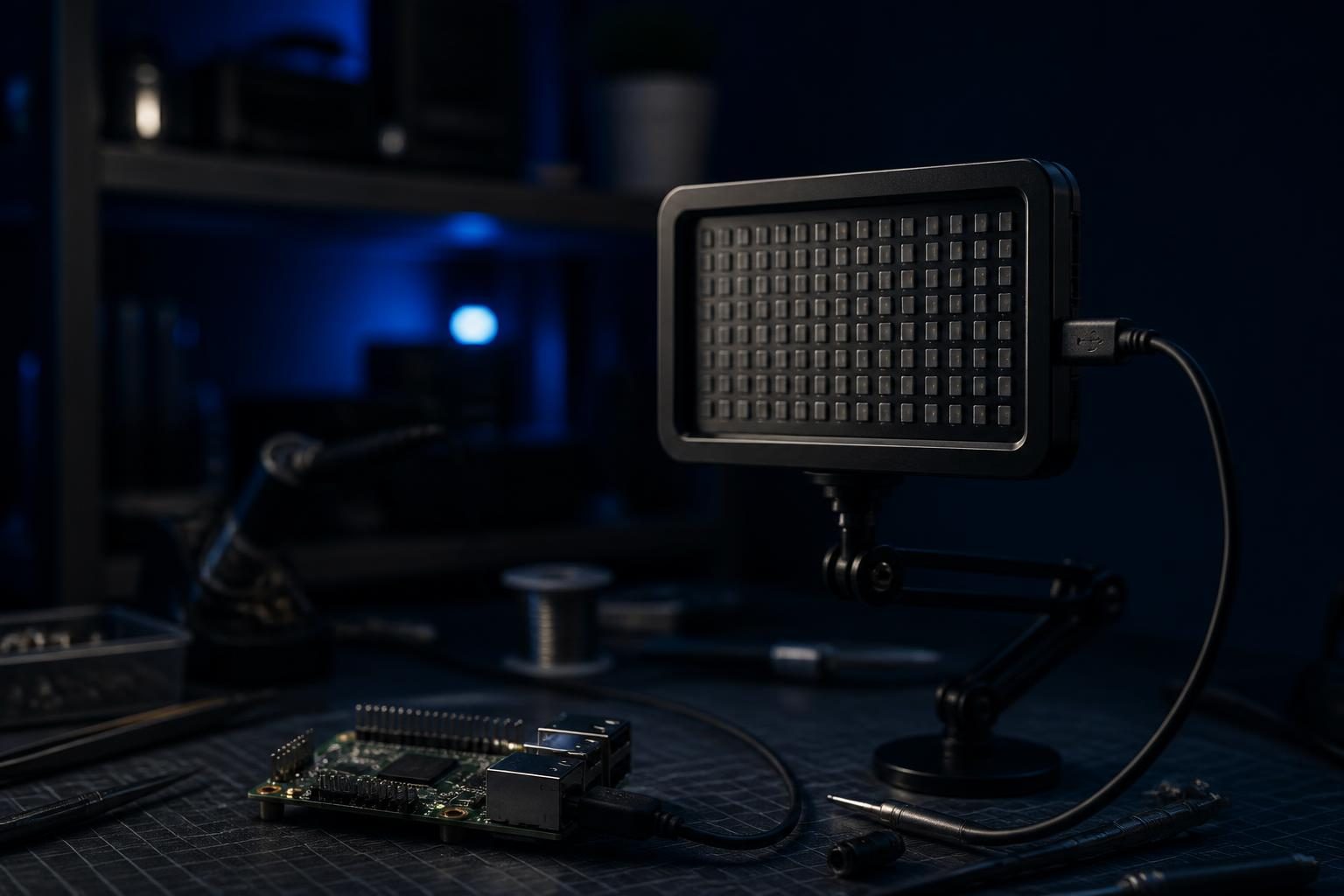 Ein moderner Schreibtisch mit einem RGB-Key-Light, das über USB an einen Raspberry Pi angeschlossen ist, die Lampe ist ausgeschaltet, obwohl die Verbindung besteht.