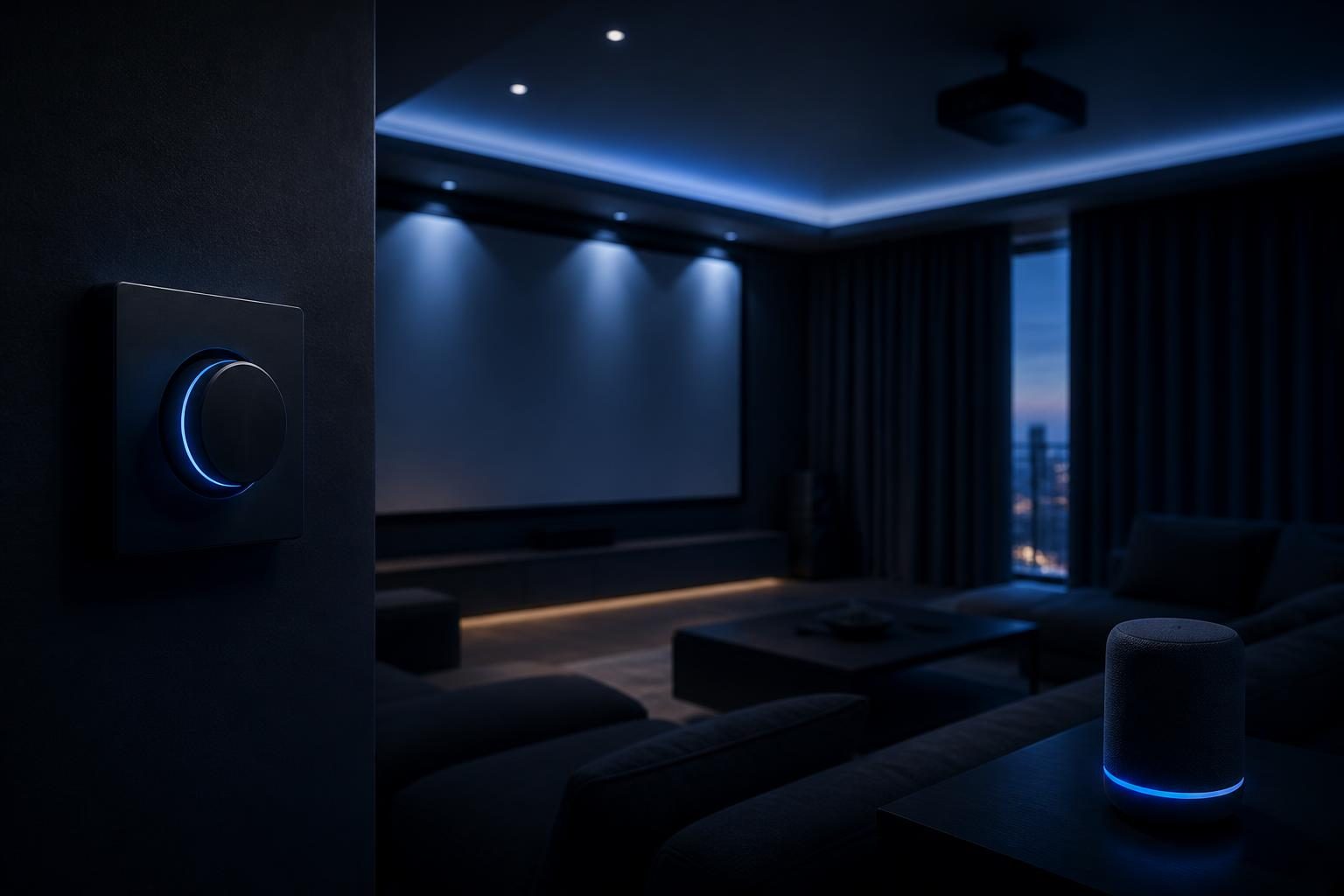 Wohnzimmer mit einem minimalistischen Wandbedienelement, gedimmtem Licht, abgesenkter Leinwand und motorisierten Vorhängen.