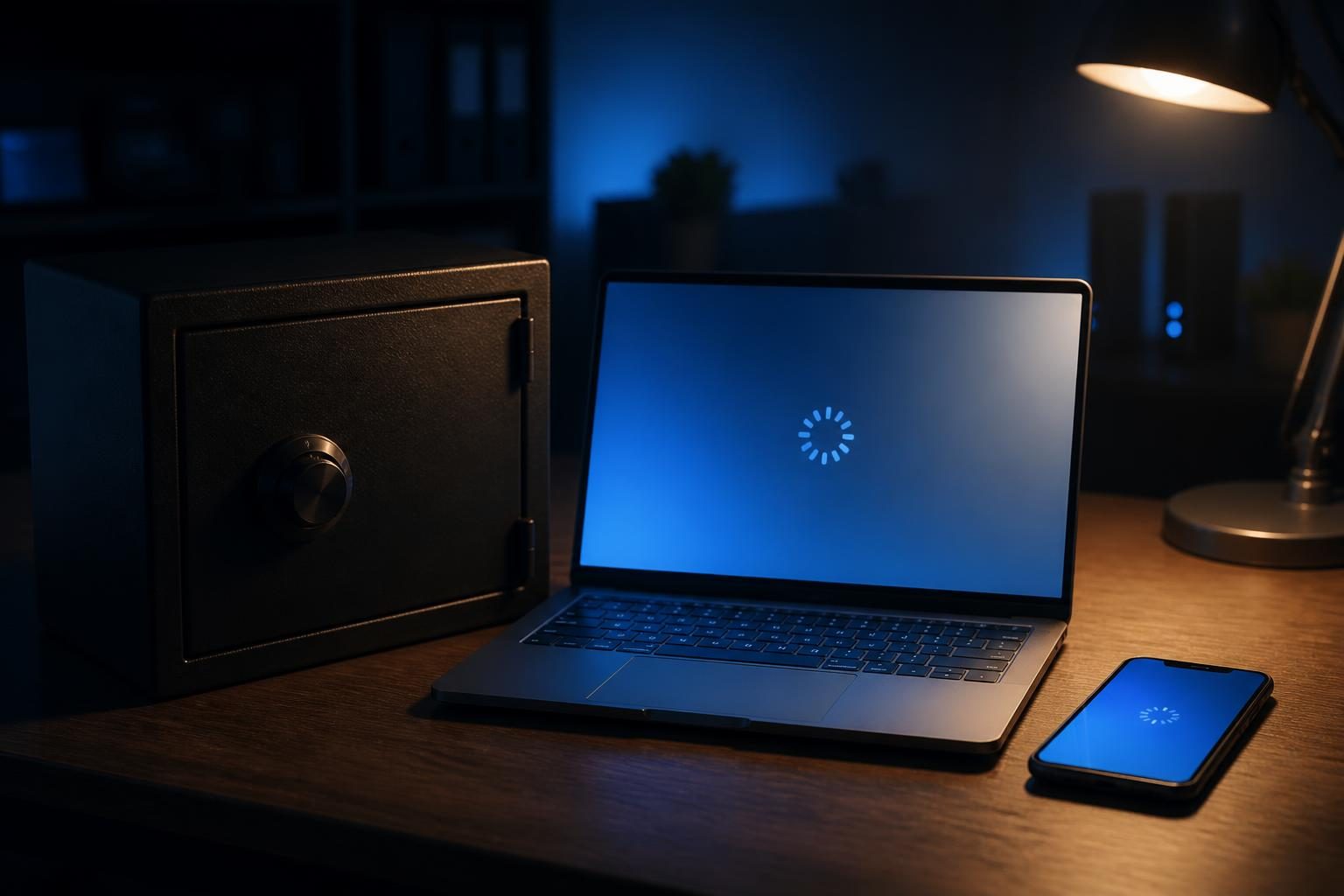 Schreibtisch mit geschlossenem Tresor, Laptop mit Ladeanzeige und Smartphone mit eingefrorener App.